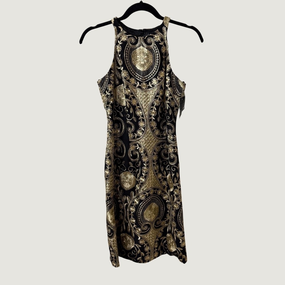 NWT Basix Black Label Sz 0 Black Gold Embroidered Dress Art Deco Gatsby Regency